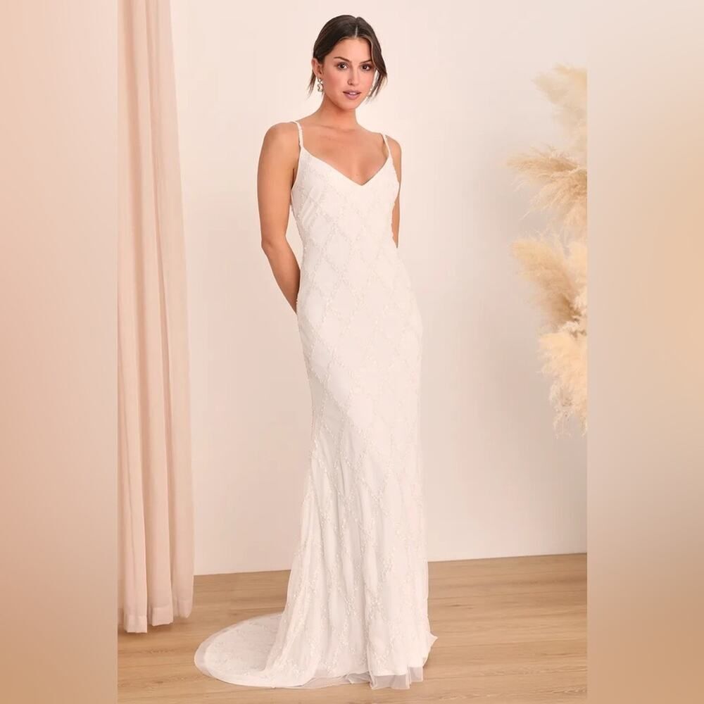 Lulus Radiantly Adored White Sequin Backless Mermaid Maxi Dress SMALL